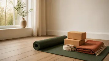 Yogamåtte med korkblokke, vævet rem og foldet tæppe i et roligt nordisk rum