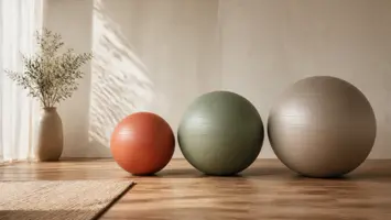 Tre yogabolde i lille, mellem og stor diameter på et lyst trægulv